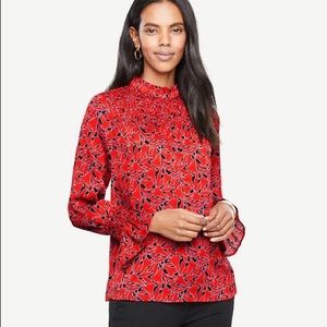 Ann Taylor Mock neck Floral Blouse Red